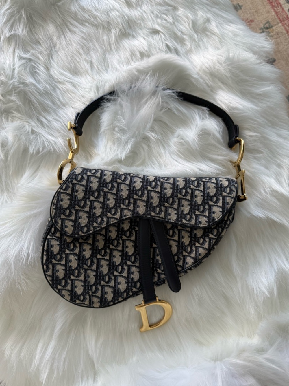 Christian Dior: Medium, Navy/Black/Beige Oblique Jacquard Saddle Bag AUTHENTIC